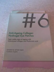 A short rectangular white plastic box that has Poundland #6 Anti-Ageing Collagen Hydrogel Eye Patches written in dark grey writing on it, on a white background.