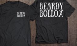 A large light grey t-shirt that has Belfast Beard Company Beardy Bollox written in bold white writing on it, on a white background.