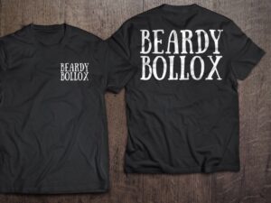 A large light grey t-shirt that has Belfast Beard Company Beardy Bollox written in bold white writing on it, on a white background.