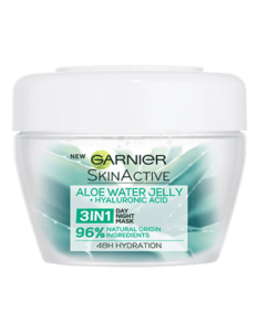 A wide short cylindrical white plastic tub that has Garnier Naturals written in bold black writing, Aloe Extract 3-In-1 Hydrating Aloe Water Jelly For Normal Skin written in bold green writing, and a picture of a dark green aloe vera plant on it, on a white background.