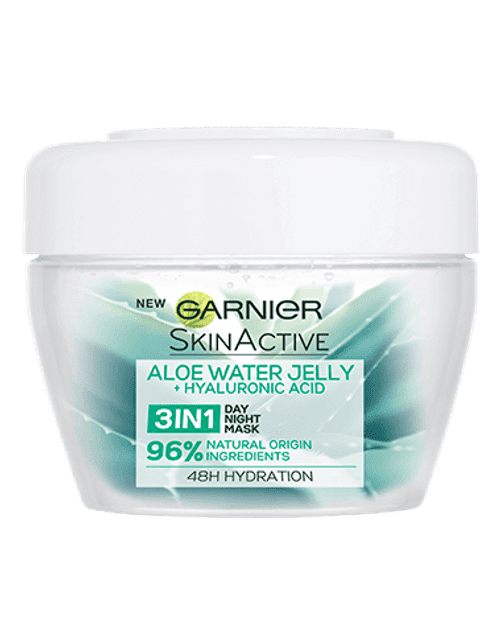 A wide short cylindrical white plastic tub that has Garnier Naturals written in bold black writing, Aloe Extract 3-In-1 Hydrating Aloe Water Jelly written in bold green writing, and a picture of a dark green aloe vera plant on it, on a white background.