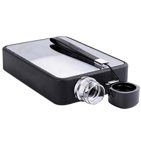 A large cylindrical black plastic water bottle, on a white background.