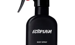 A tall black plastic kitchen spray bottle that has #LushLabs written in bold white writing and Ectoplasm Body Spray written in smaller bold white writing on it, on a white background.