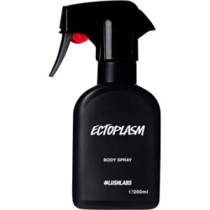 A tall black plastic kitchen spray bottle that has #LushLabs written in bold white writing and Ectoplasm Body Spray written in smaller bold white writing on it, on a white background.