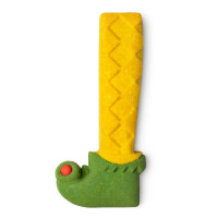 A small dark yellow and dark green Elf Leg and Foot shaped bubble bar, on a white background.