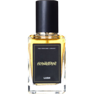 A short rectangular clear glass bottle full of some clear liquid with a black lid and a black label that has Lush Frangipani Perfume written in bold white writing on it, on a white background.