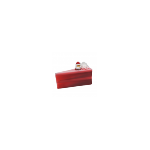 A large triangular bright red slice of cake shaped block of soap that has a layer of bright white cake frosting and a bright red 3D Santa figurine on top of it, on a white background.