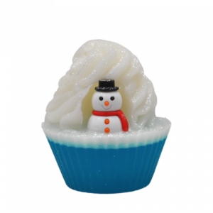 A large circular bright white cupcake shaped block of soap that has a bright blue paper cupcake case around it and a bright white snowman shaped pencil eraser on top of it, on a white background.