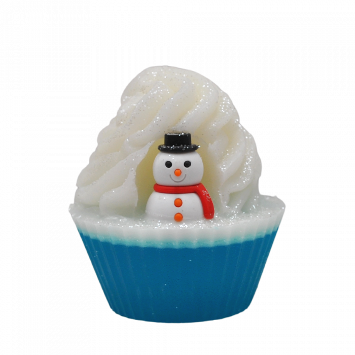 A large circular bright white cupcake shaped block of soap that has a bright blue paper cupcake case around it and a bright white snowman shaped pencil eraser on top of it, on a white background.