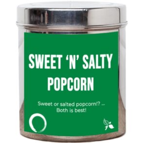 A short cylindrical silver metal tin with a bright green label that has bird & blend tea company Poppin' Xmas - Sweet 'N' Salty Popcorn Loose Leaf Tea written in bold white writing on it, on a white background.