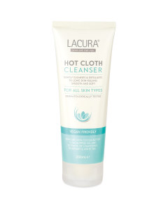I Always Feel Hot After I’ve Cleansed | Every Single Aldi Lacura Hot Cloth Cleanser A tall conical white plastic tube with a bright white lid that has Aldi Lacura Original Hot Cloth Cleanser written in light blue writing and a picture of a light blue strip on it, on a white background.