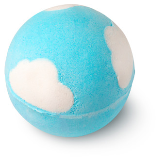 I'm The Apple Of My Mother's Heart | Lush Mother's Day 2021 Range A large spherical shaped dark blue and green bath bomb that has some bright white fluffy clouds all over it, on a white background.