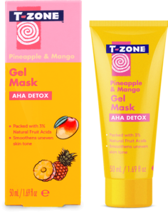 A short conical yellow plastic tube with a yellow plastic lid that has T-Zone Pineapple & Mango AHA Detox Gel Mask written in bright pink writing on it, on a white background.