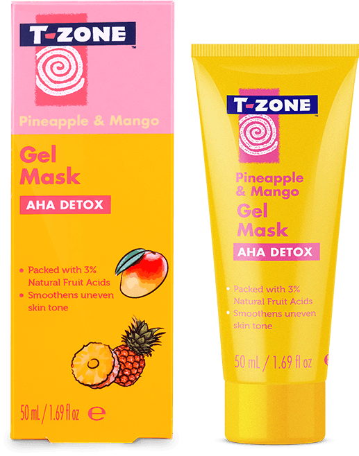 Taking My Skin On A Tropical Vacation | T-Zone Pineapple & Mango AHA Detox Gel Mask A short conical yellow plastic tube with a yellow plastic lid that has T-Zone Pineapple & Mango AHA Detox Gel Mask written in bright pink writing on it, on a white background.