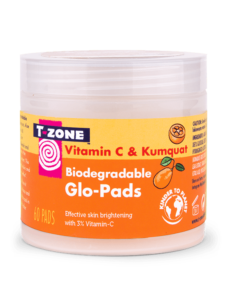 A short cylindrical white plastic tub with a white plastic lid and a gradient orange and yellow label that has T-Zone Vitamin C & Kumquat written in bright orange writing, Biodegradable Glow Pads written in bold white writing, and a picture of a large orange kumquat on it, on a white background.