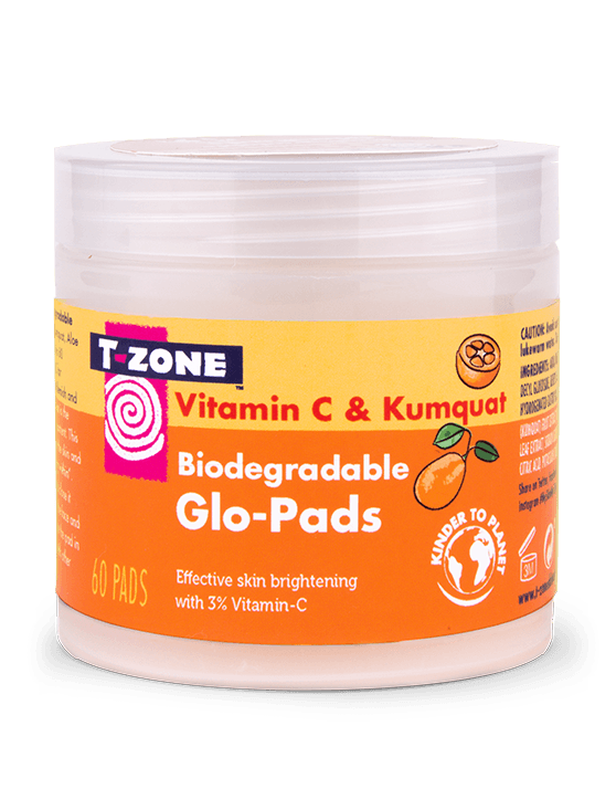 I Love Having Gorgeous & Glowing-Looking Skin | Geek & Gorgeous 101 C-Glow 15% Vitamin C Serum A short cylindrical white plastic tub with a white plastic lid and a gradient orange and yellow label that has T-Zone Vitamin C & Kumquat written in bright orange writing, Biodegradable Glow Pads written in bold white writing, and a picture of a large orange kumquat on it, on a white background.