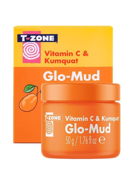 A short cylindrical clear glass jar full of some bright orange liquid with a bright orange plastic lid that has T-Zone Vitamin C & Kumquat written in bright orange writing and Glow Mud written in bold white writing on it, on a white background.