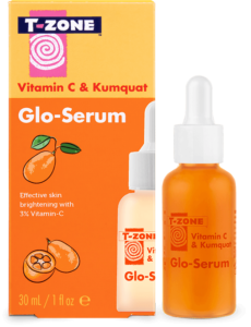 A short cylindrical brown glass bottle with a bright white rubber pipette lid and a gradient orange and yellow label that has T-Zone Vitamin C & Kumquat written in bright orange writing, glow Serum written in bold white writing, and a picture of a large orange kumquat on it, on a white background.