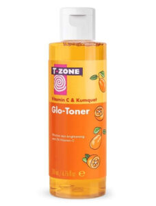 A tall cylindrical clear plastic bottle full of some translucent orange liquid with a gradient orange and yellow label that has T-Zone Vitamin C & Kumquat written in bright orange writing, Glow Toner written in bold white writing, and a picture of a large orange kumquat on it, on a white background.