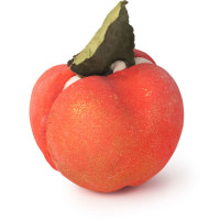 A large bright Red Apple shaped bubble bar with a dark brown stem and a bright green leaf that has a cut In the middle of it that's filled with some bright white Cocoa Butter and is covered in some dark red lustre, on a white background.
