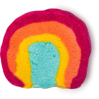 A large multicoloured rainbow designed semicircular shaped bubble bar that has some layers of red, orange, yellow, blue and green on it and is covered in some multicoloured lustre, on a white background.