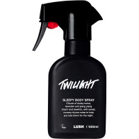 Feeling Sleepy At Twilight | Lush Twilight Sleepy Body Spray | Gifted A tall black plastic kitchen spray bottle that has Lush Twilight Sleepy Body Spray written in bold white writing on it, on a white background.
