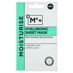 Me+ A Sheet Mask = A Good Pamper Night | Superdrug Me+ Hyaluronic Acid Sheet Mask A short rectangular white plastic pouch that has Superdrug Me+ Hyaluronic Acid Sheet Mask written in bold black writing on it, on a white background.