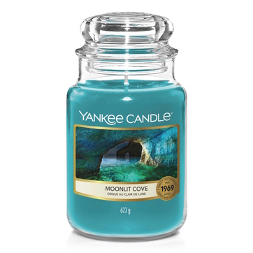 What I Thought of the Yankee Candle Advent House 2014 A tall cylindrical Glass Jar full of some light blue wax that has Yankee Candle written in white writing, Moonlit Cove written in black writing, and a picture of a dark open cave surrounded by a dark blue sky on it, on a white background.