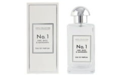 A tall rectangular clear glass bottle full of some clear liquid with a metallic silver lid and a white label that has Aldi Hotel Collection Lime, Basil & Mandarin Eau De Parfum written in bold black writing on it next to a tall rectangular white cardboard box that has Aldi Hotel Collection No.1 Lime, Basil & Mandarin Eau De Parfum written in bold black writing on it, on a white background.