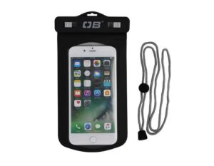A large rectangular black plastic pouch that has a long black lanyard attached to it, on a white background.