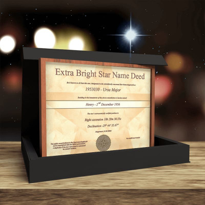 When You Wish Upon A Star | Star Name Registry Extra Bright Star Name Gift Set and Giveaway A large bright white piece of A4 paper that has Star Name Registry written in bold black writing on it inside a large rectangular black wooden frame, on a white background.