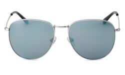A pair of silver metal aviator sunglasses that has some dark grey lenses, on a white background.
