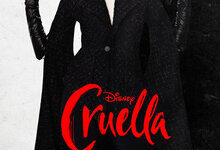 A picture of a tall woman with black and white hair wearing a long black dress, a long black cape and a pair of long black gloves that has Emma Stone written in bold black and white writing, and cruella written in bold dark red writing underneath it, on a white background.