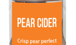 A short cylindrical silver metal tin with a bright orange label that has bird & blend tea company Pear Cider Loose Leaf Tea written in bold white writing on it, on a white background.