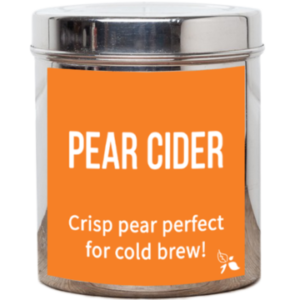 A short cylindrical silver metal tin with a bright orange label that has bird & blend tea company Pear Cider Loose Leaf Tea written in bold white writing on it, on a white background.