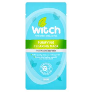 A tall rectangular light blue plastic pouch that has Witch Purifying Clearing Sheet Mask written in bold white writing and a picture of a light green stripe on it, on a white background.