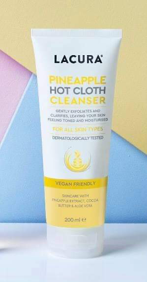 Well She Was Sellin' Pineapple, Playin' Ukulele | Aldi Lacura Pineapple Hot Cloth Cleanser A tall conical white plastic tube with a bright white lid that has Aldi Lacura Pineapple Hot Cloth Cleanser written in bright yellow writing and a picture of a bright yellow stripe on it, on a white background.