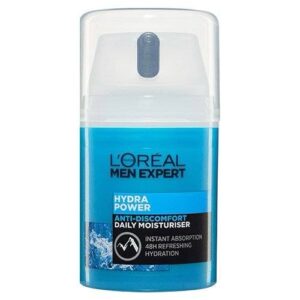 A short cylindrical dark blue plastic bottle with a black label that has L’Oreal Paris Men Expert Hydra Power Refreshing Moisturiser written in bold white writing and a picture of some white water droplets on it, on a white background.