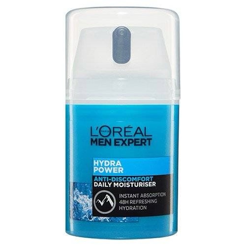 A short cylindrical dark blue plastic bottle with a black label that has L’Oreal Paris Men Expert Hydra Power Refreshing Moisturiser written in bold white writing and a picture of some white water droplets on it, on a white background.