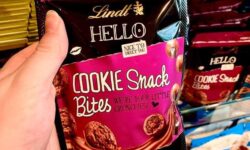 A tall rectangular gradient pink and brown plastic Pouch that has Lindt written in bold gold writing, Hello Cookie Snack Bites written in bold white writing, and a picture of some small spherical brown chocolate balls on it, on a white background.