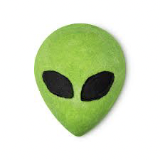 A large bright green alien’s head shaped bubble bar that has some black Eyes on it, on a white background.