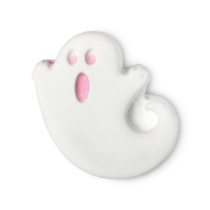 A large bright white ghost shaped bath bomb that has some bright pink eyes and a bright pink mouth on it, on a white background.