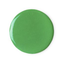 A medium circular puddle of bright green shower gel, on a white background.