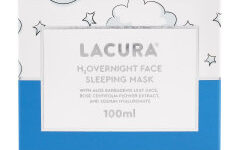A large square gradient bright blue and white cardboard box that has Aldi Lacura H2O Sleep Mask written in bold silver writing and some pictures of some silver clouds and stars on it, on a white background.