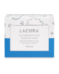 I Must Remember To Get More Water From The Supermarket | Aldi Lacura H2O Sleep Mask A large square gradient bright blue and white cardboard box that has Aldi Lacura H2O Sleep Mask written in bold silver writing and some pictures of some silver clouds and stars on it, on a white background.