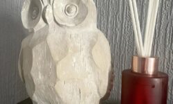 A short cylindrical clear glass Bottle full of some bright red liquid that has a gold glass neck and eight white wooden reeds coming out of the top of it next to a tall light grey resin owl ornament that has it’s wings behind it’s back on a white Wooden cabinet, on a white background.
