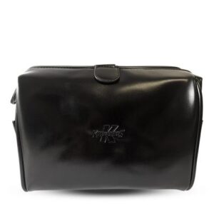 A large rectangular black leather toiletries bag that has King of Shaves and a picture of a large letter K engraved on it, on a white background.