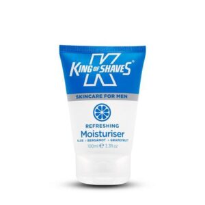 A short conical gradient bright blue and white plastic tube that has King of Shaves written in bold white writing and Refreshing Moisturiser written in bright green writing on it, on a white background.
