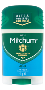A short rounded rectangular gradient blue and green plastic bottle that has Mitchum Men Ice Fresh Deodorant Stick written in bold black writing and Triple Odour Defence written in bold gold writing on it, on a white background.