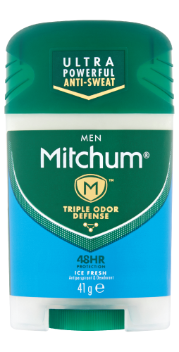 A short rounded rectangular gradient blue and green plastic bottle that has Mitchum Men Ice Fresh Deodorant Stick written in bold black writing and Triple Odour Defence written in bold gold writing on it, on a white background.